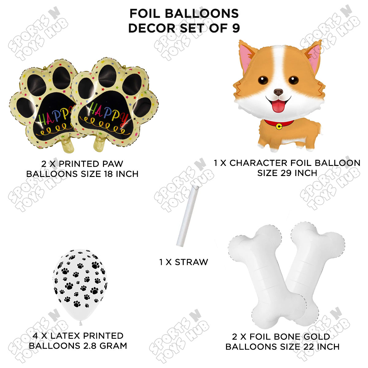 Cute Dog Puppy Cartoon Foil Balloon Set Pack of 9 – Printed Paw & Puppy Character Birthday Balloons for Boys, Girls & Kids Celebration