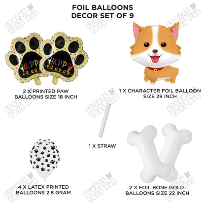 Cute Dog Puppy Cartoon Foil Balloon Set Pack of 9 – Printed Paw & Puppy Character Birthday Balloons for Boys, Girls & Kids Celebration
