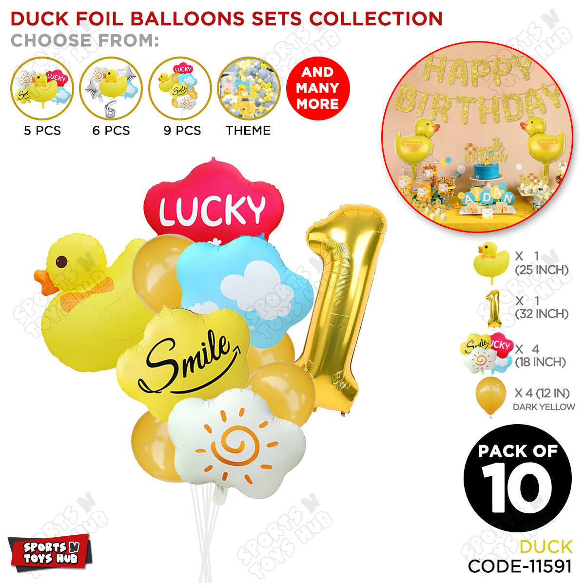 Duck Cartoon Character Pack Of 10 Foil Balloon Set With 32 Inch Number Foil Balloons