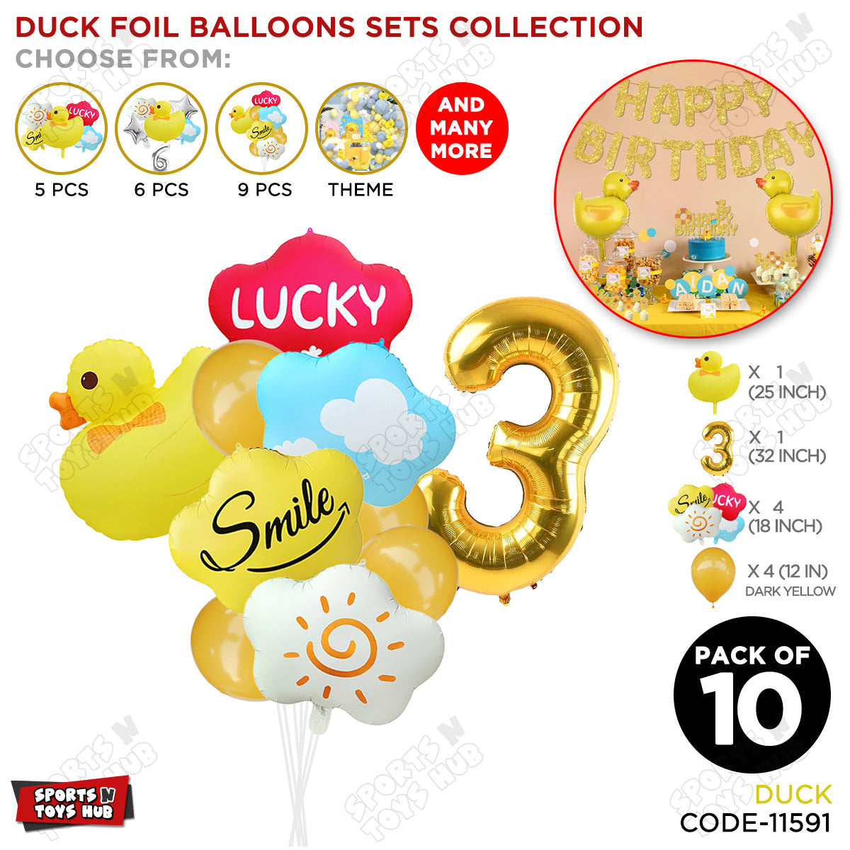 Duck Cartoon Character Pack Of 10 Foil Balloon Set With 32 Inch Number Foil Balloons