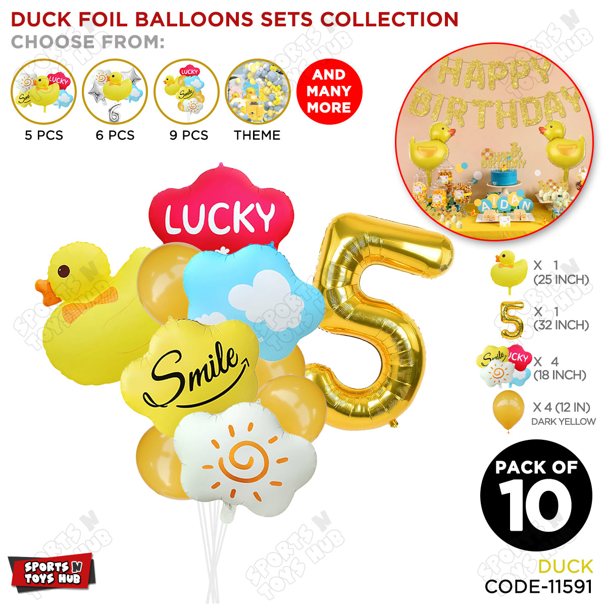 Duck Cartoon Character Pack Of 10 Foil Balloon Set With 32 Inch Number Foil Balloons