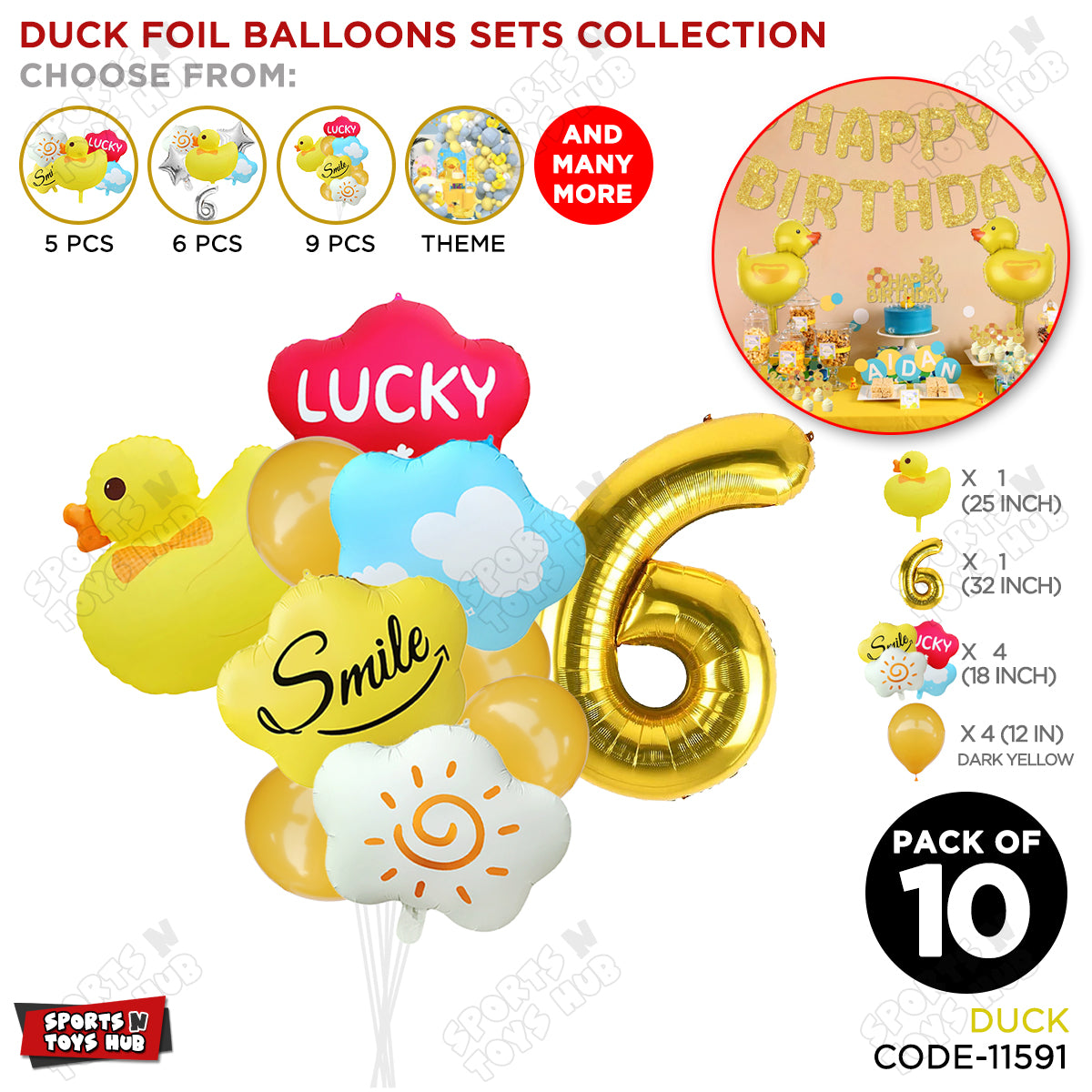 Duck Cartoon Character Pack Of 10 Foil Balloon Set With 32 Inch Number Foil Balloons