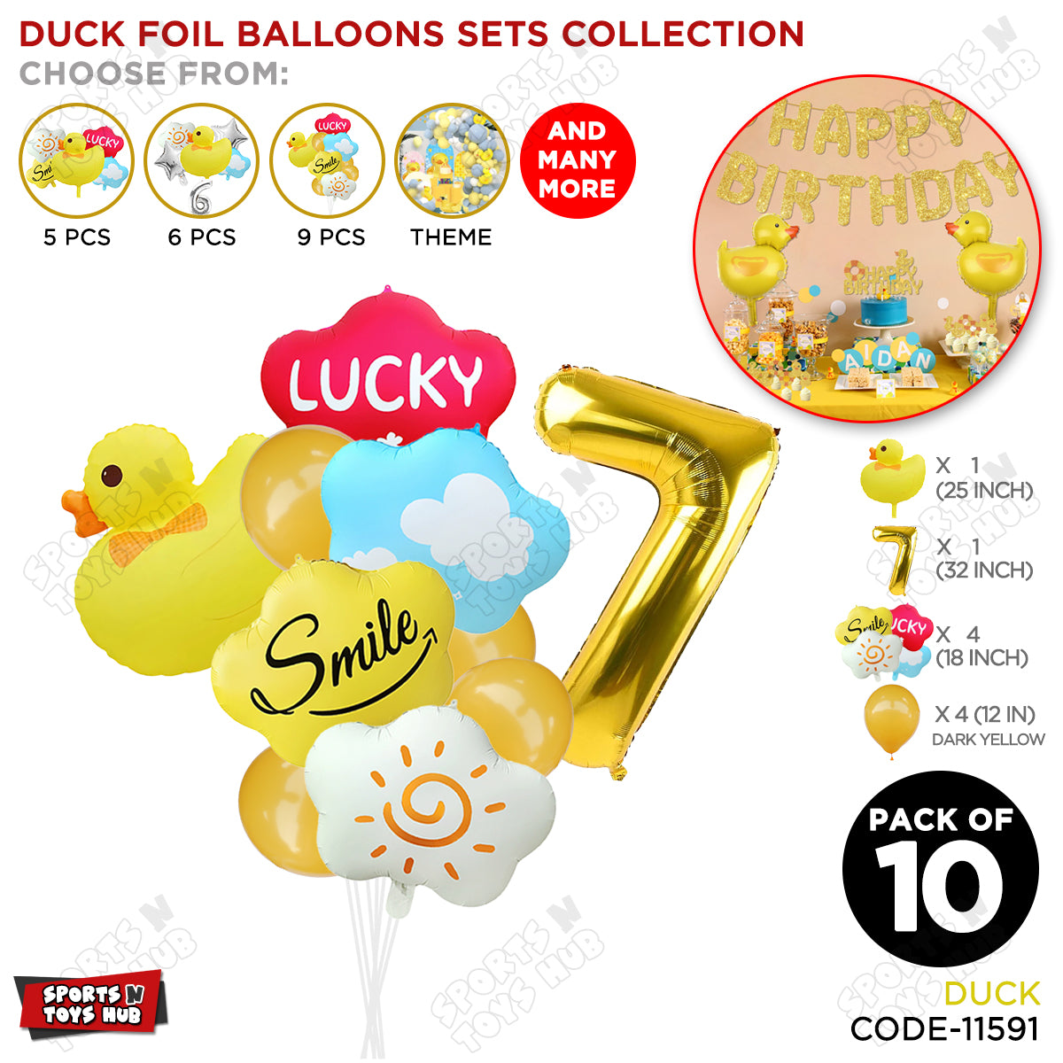 Duck Cartoon Character Pack Of 10 Foil Balloon Set With 32 Inch Number Foil Balloons