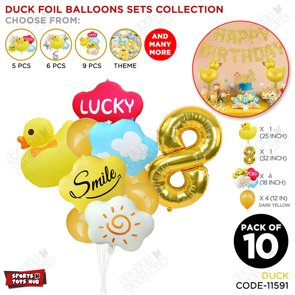 Duck Cartoon Character Pack Of 10 Foil Balloon Set With 32 Inch Number Foil Balloons