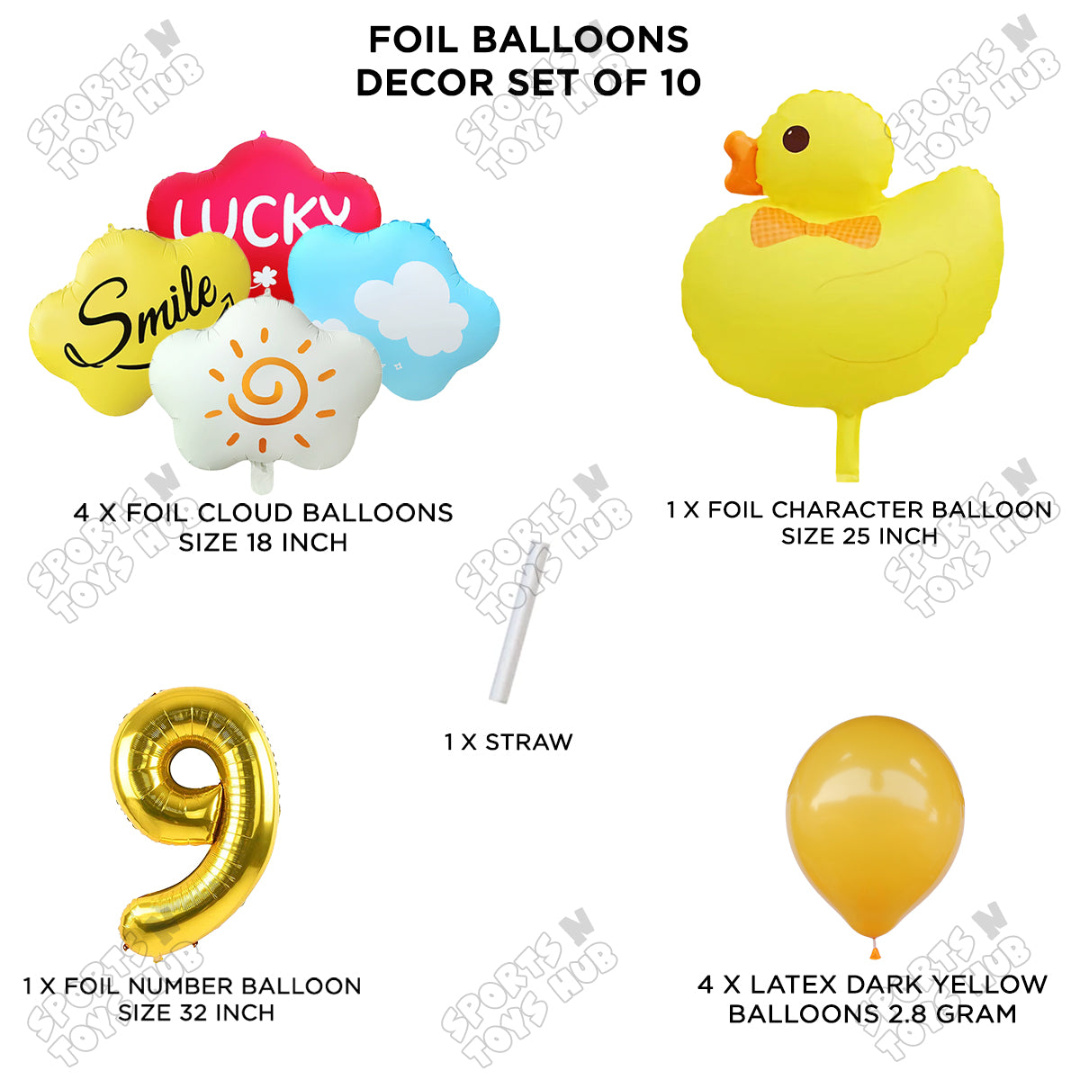 Duck Cartoon Character Pack Of 10 Foil Balloon Set With 32 Inch Number Foil Balloons