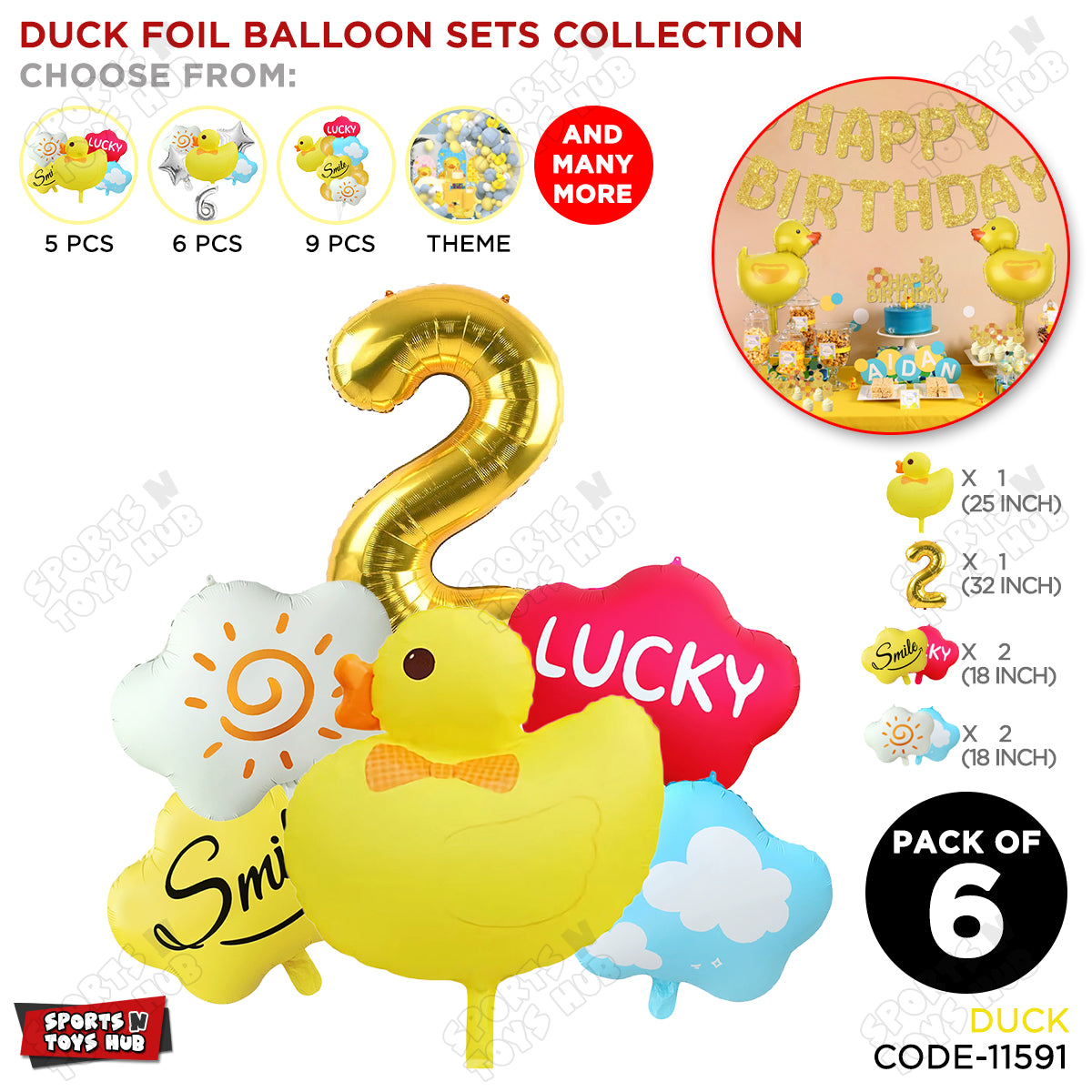 Duck Cartoon Character Pack Of 6 Foil Balloon Set with 32 Inch Number Foil Balloons