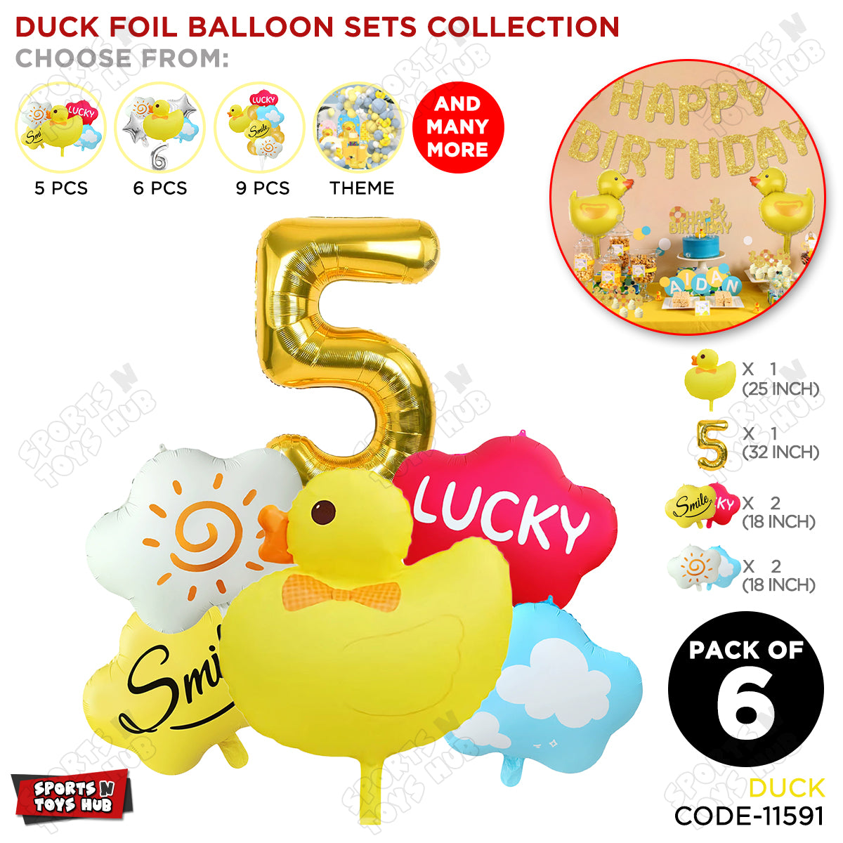 Duck Cartoon Character Pack Of 6 Foil Balloon Set with 32 Inch Number Foil Balloons