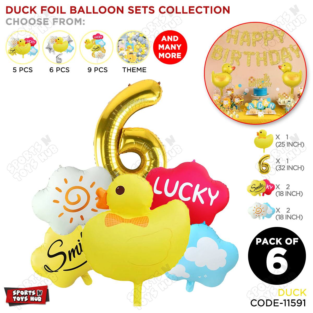Duck Cartoon Character Pack Of 6 Foil Balloon Set with 32 Inch Number Foil Balloons