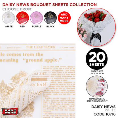 Daisy Newspaper Flower Wrapping Sheet , Frosted Matte Wrapping Paper, Floral Gifting Sheets Bouquet Wraps