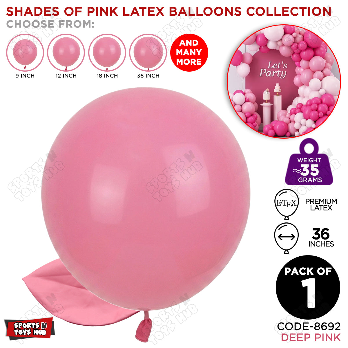 Deep Pink Latex Balloons Available In 9, 12, 18 & 36 Inch Sizes