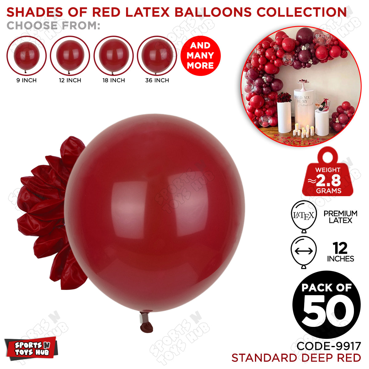 Deep Red Latex Balloons Available In 9, 12, 18 & 36 Inch Sizes