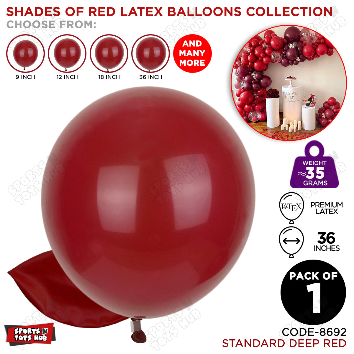 Deep Red Latex Balloons Available In 9, 12, 18 & 36 Inch Sizes