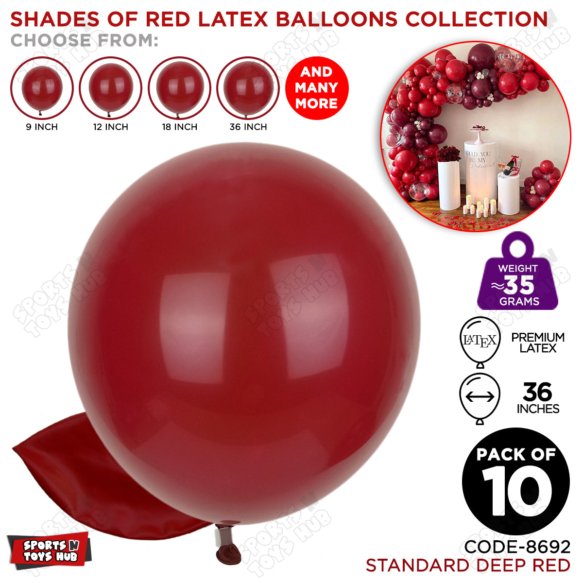 Deep Red Latex Balloons Available In 9, 12, 18 & 36 Inch Sizes