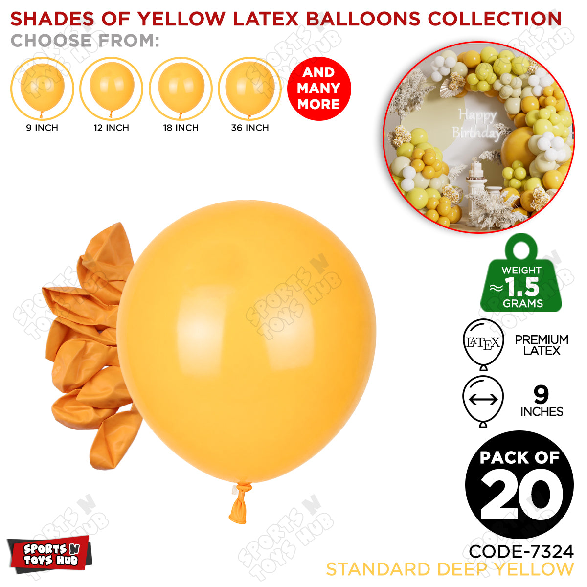 Deep Yellow Latex Balloons Available In 9, 12, 18 & 36 Inch Sizes