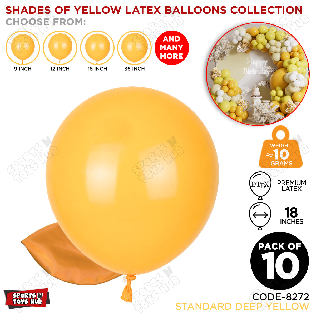 Deep Yellow Latex Balloons Available In 9, 12, 18 & 36 Inch Sizes