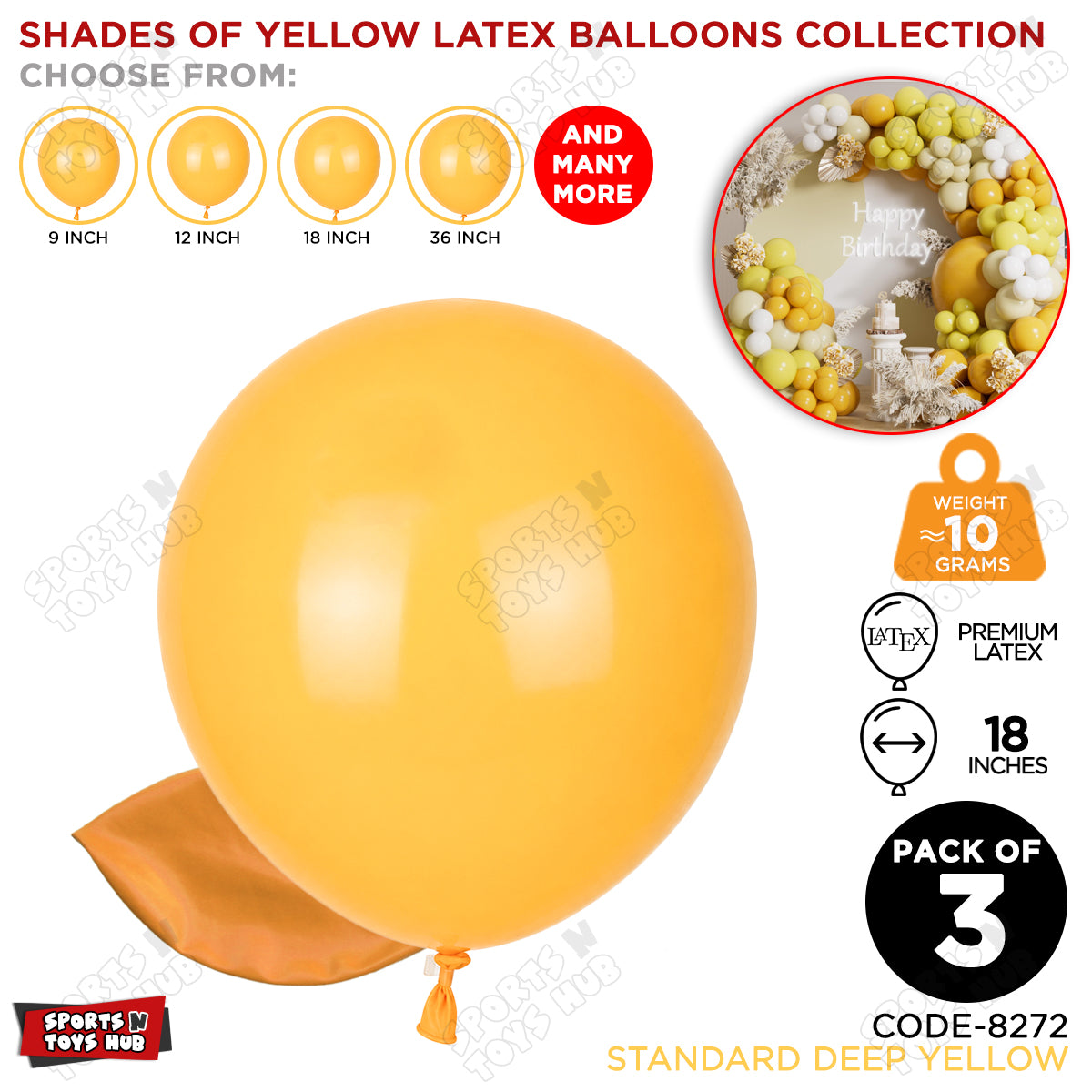 Deep Yellow Latex Balloons Available In 9, 12, 18 & 36 Inch Sizes