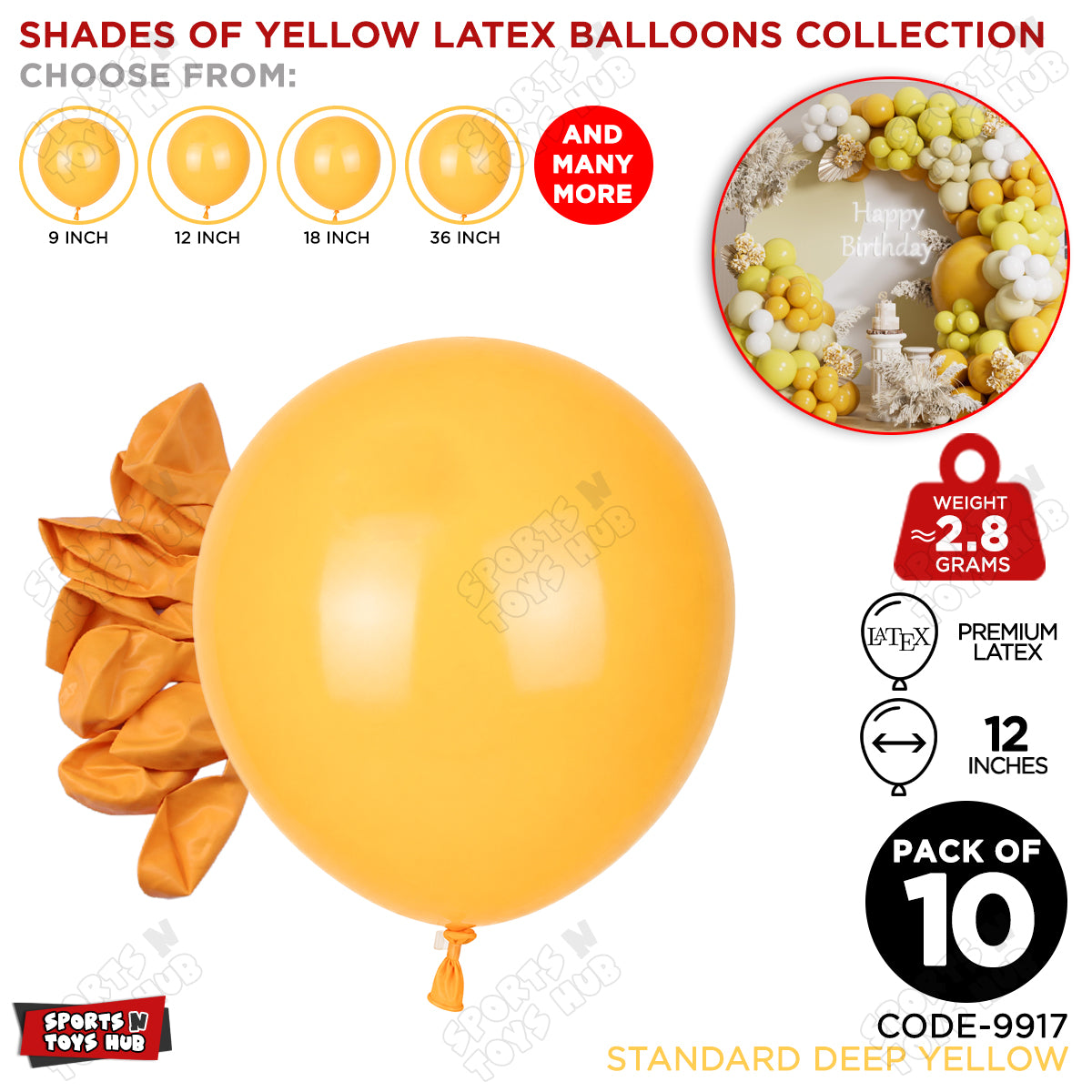 Deep Yellow Latex Balloons Available In 9, 12, 18 & 36 Inch Sizes