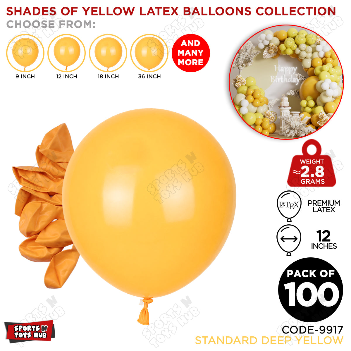 Deep Yellow Latex Balloons Available In 9, 12, 18 & 36 Inch Sizes