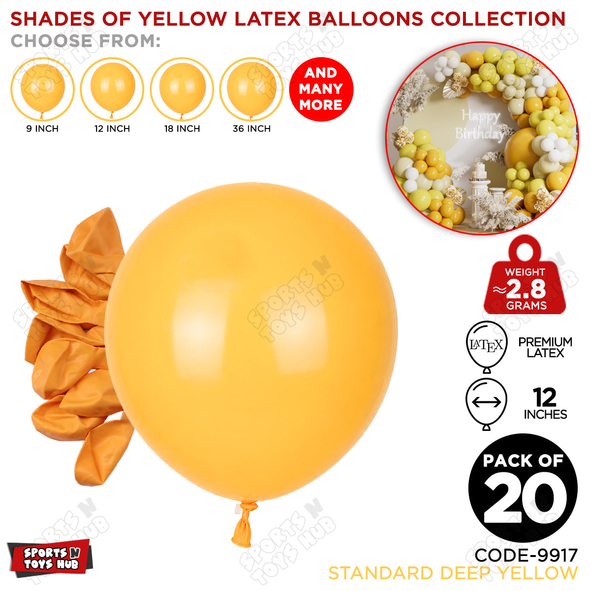 Deep Yellow Latex Balloons Available In 9, 12, 18 & 36 Inch Sizes