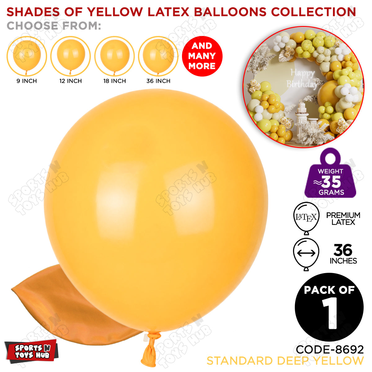 Deep Yellow Latex Balloons Available In 9, 12, 18 & 36 Inch Sizes