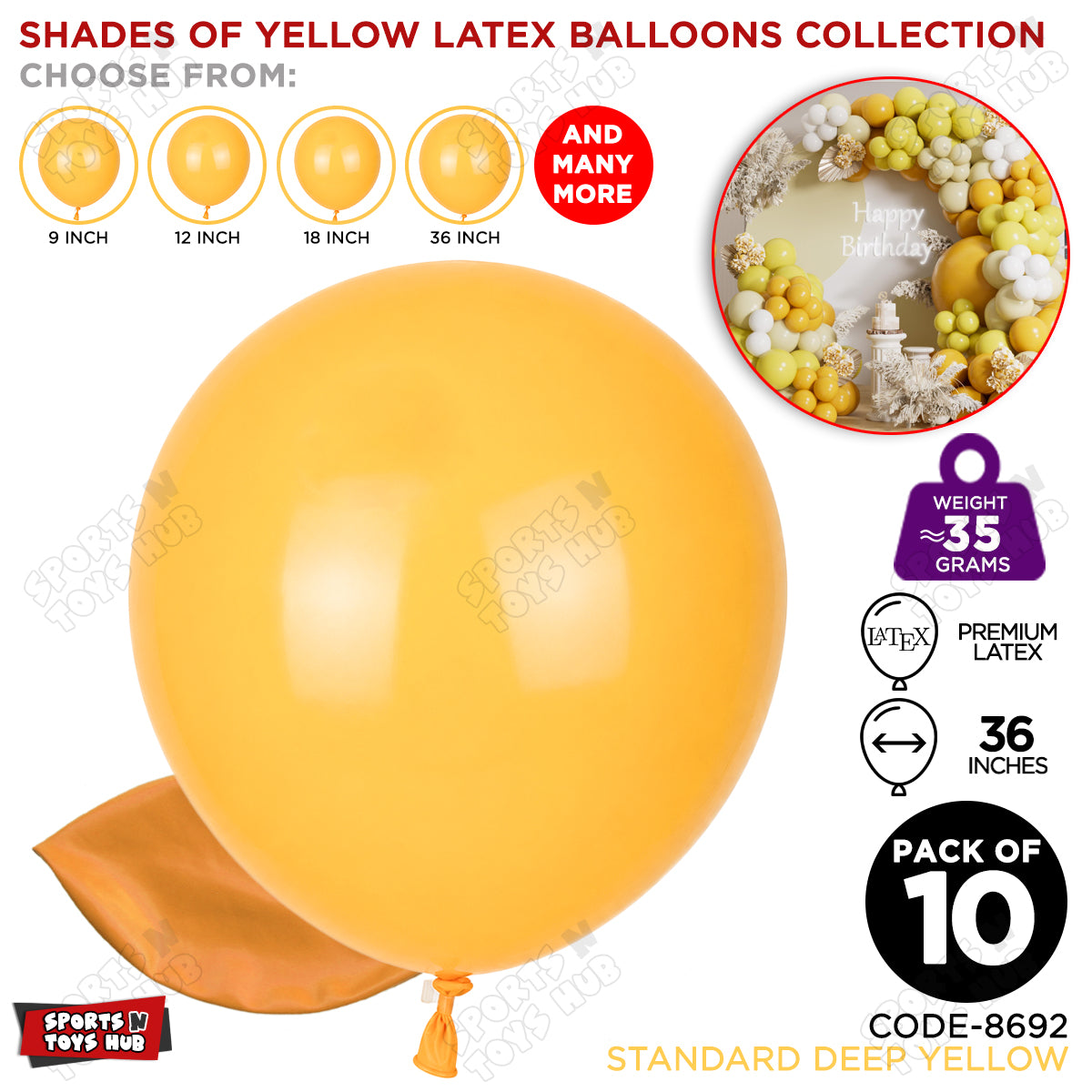 Deep Yellow Latex Balloons Available In 9, 12, 18 & 36 Inch Sizes