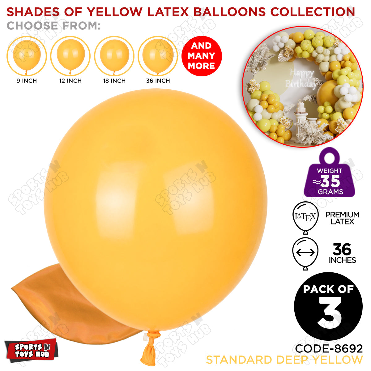 Deep Yellow Latex Balloons Available In 9, 12, 18 & 36 Inch Sizes