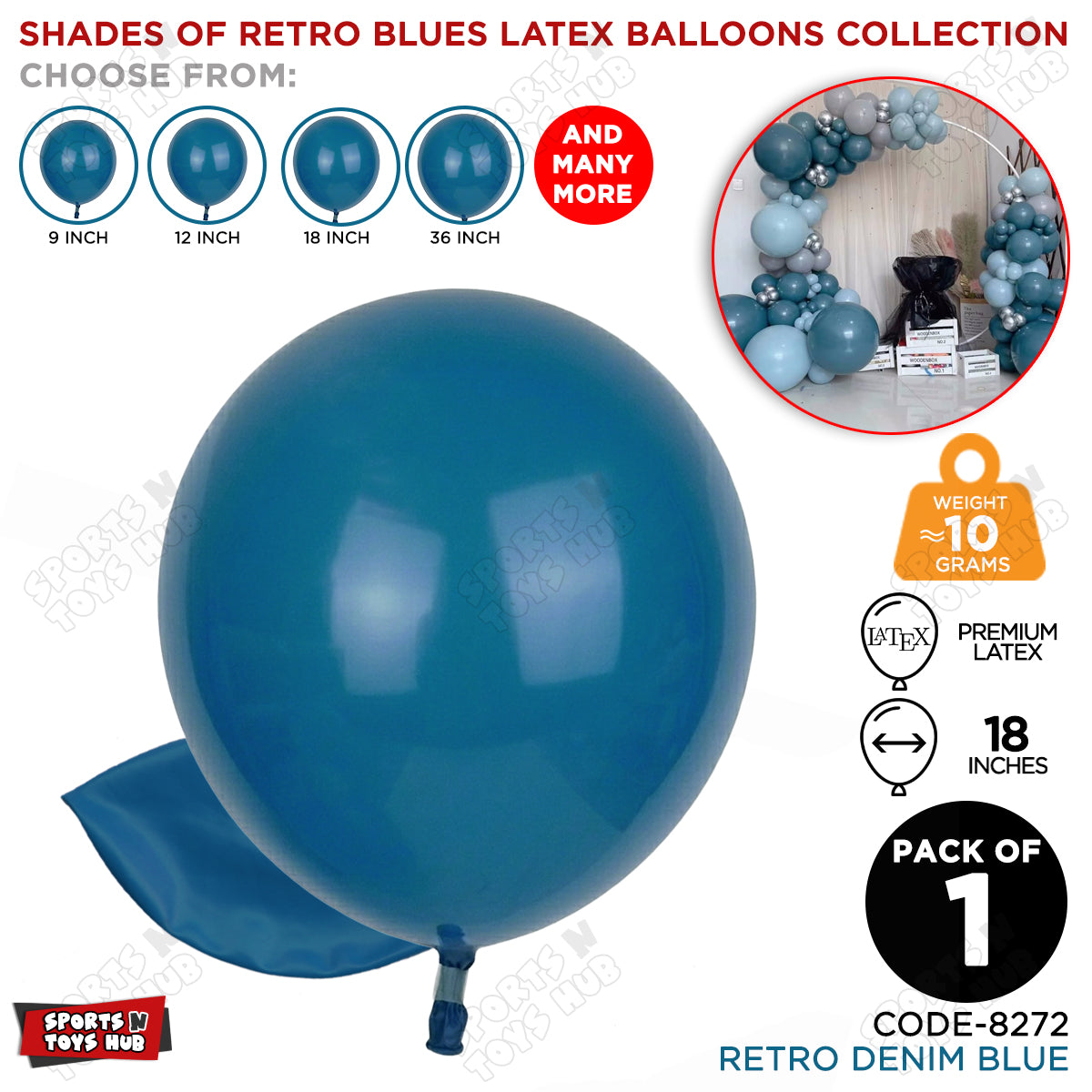 Denim Blue Latex Balloons Available In 12, 18 & 36 Inch Sizes