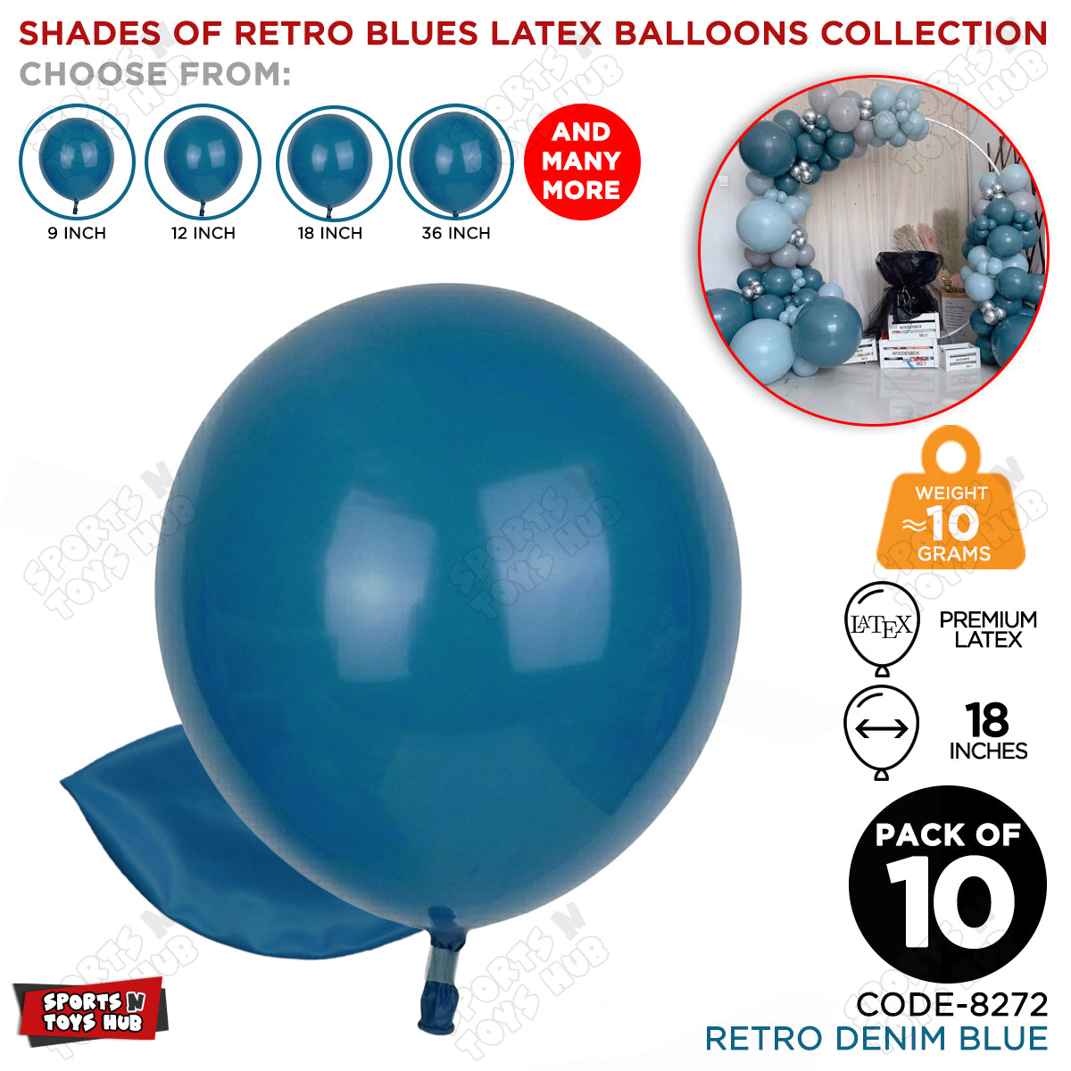 Denim Blue Latex Balloons Available In 12, 18 & 36 Inch Sizes