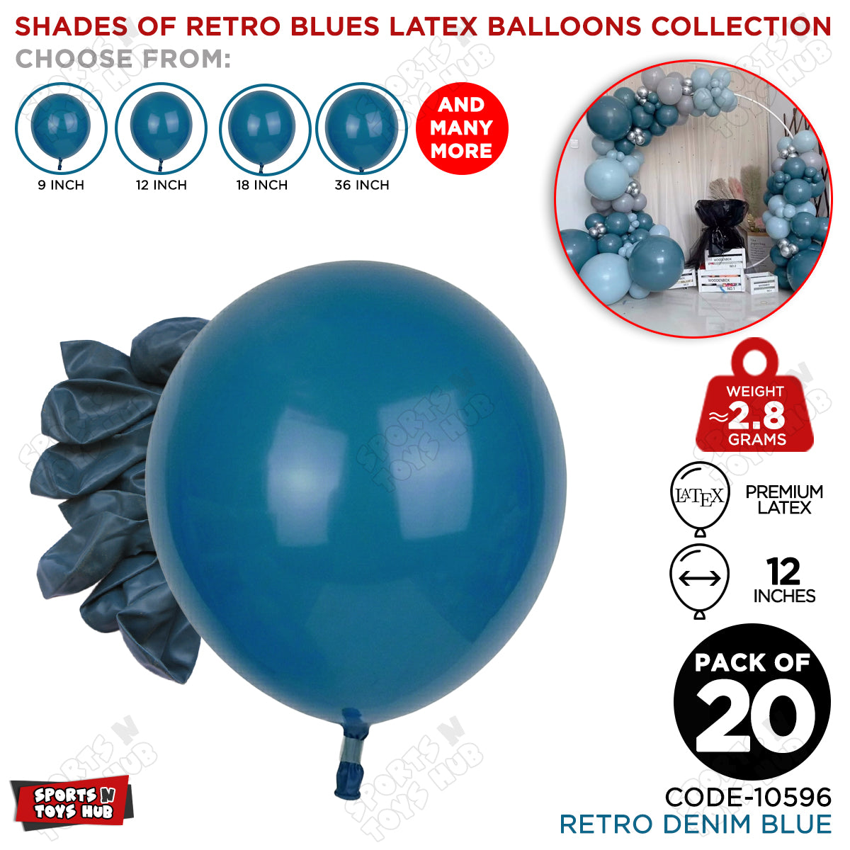 Denim Blue Latex Balloons Available In 12, 18 & 36 Inch Sizes