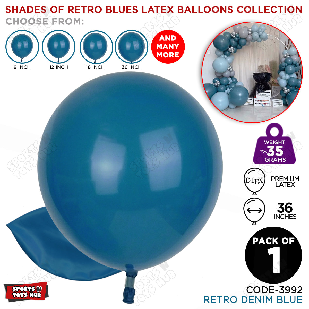 Denim Blue Latex Balloons Available In 12, 18 & 36 Inch Sizes