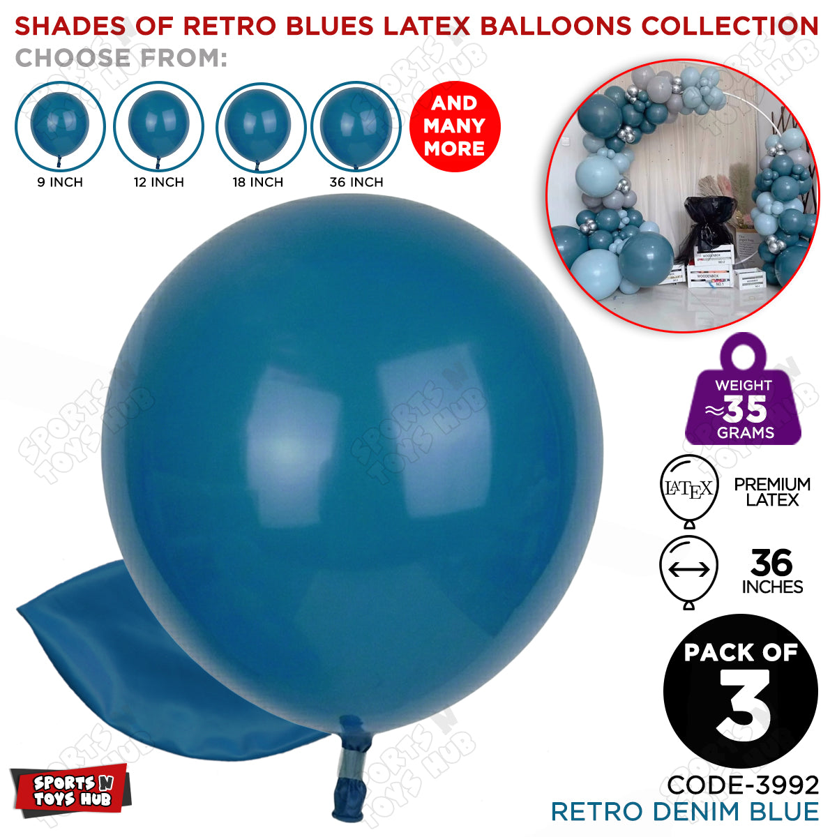 Denim Blue Latex Balloons Available In 12, 18 & 36 Inch Sizes