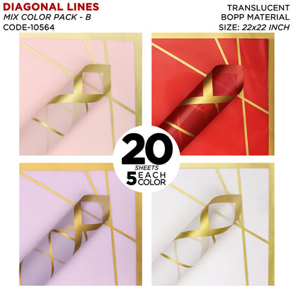 Diagonal Lines Abstract Linear Design - Mix Color 20 Sheet Pack -Translucent Flower Wrapping Sheets