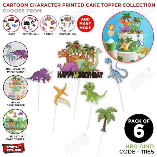 Cartoon Characters HBD Dino Cake Topper - 6 Pcs