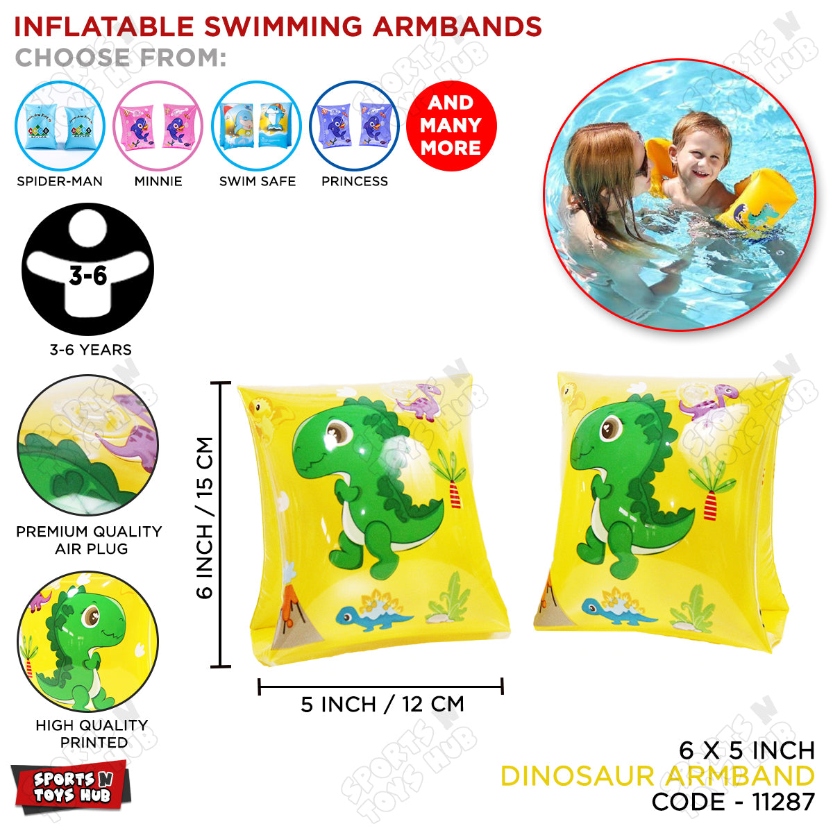 Inflatable Swimming Arm Bands Dino Graphic Print - 3 to 6 Years