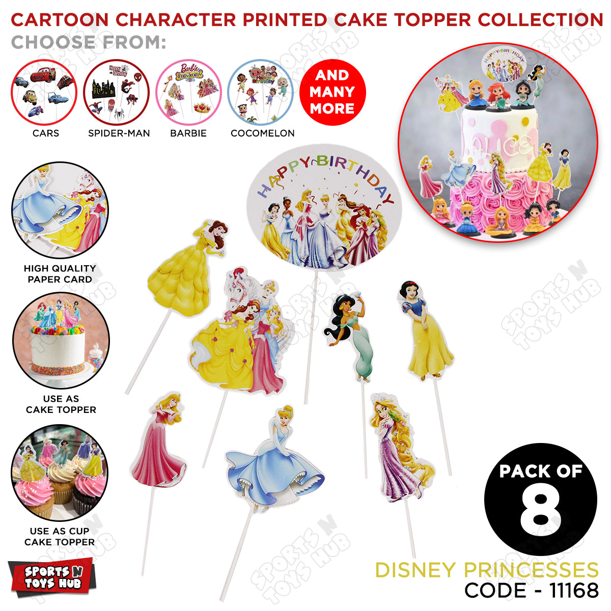 Cartoon Characters HBD Princess Cake Topper - 8 Pcs