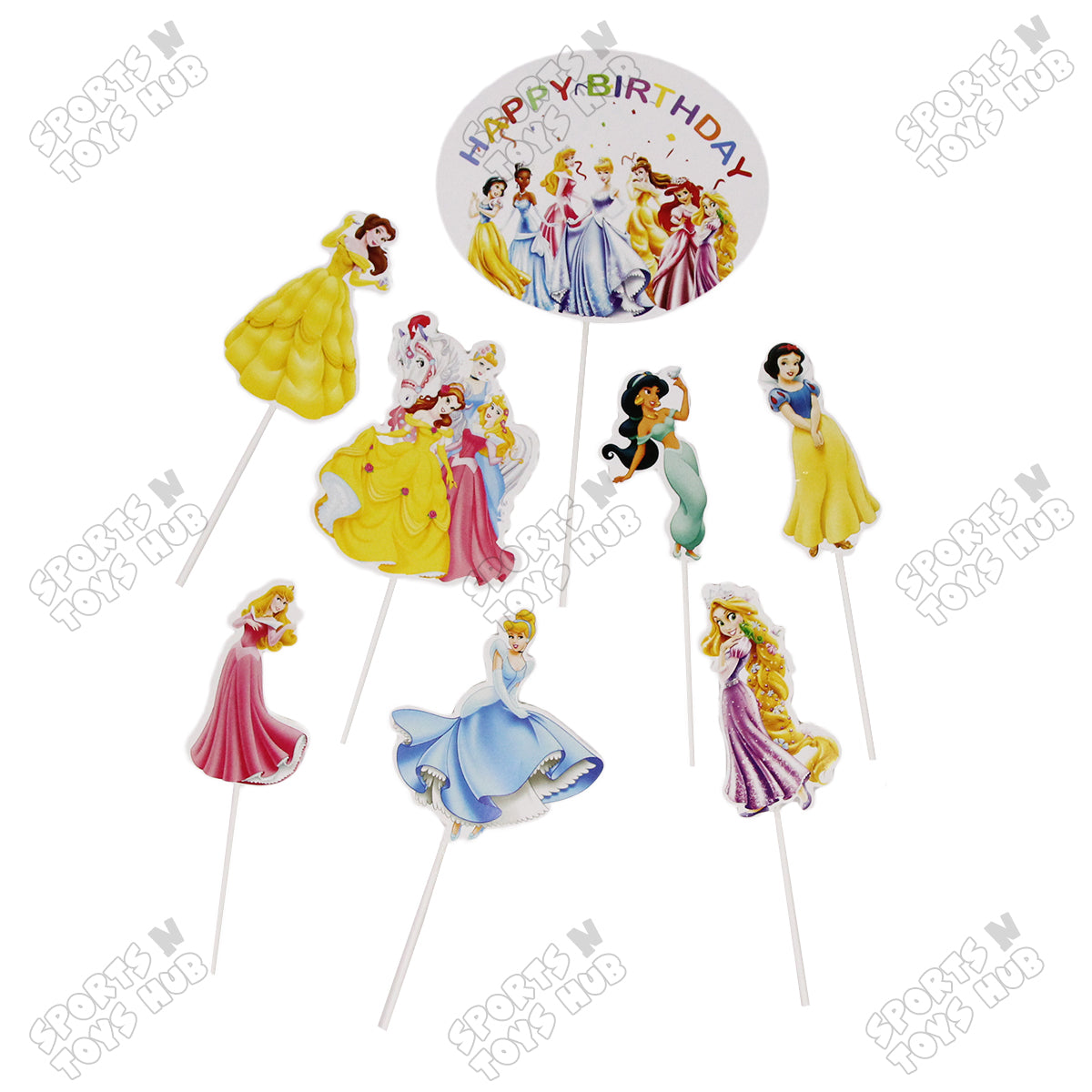 Cartoon Characters HBD Princess Cake Topper - 8 Pcs