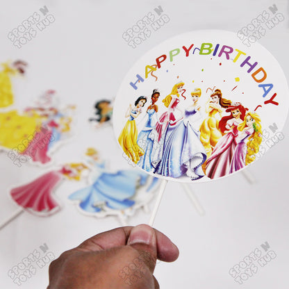 Cartoon Characters HBD Princess Cake Topper - 8 Pcs
