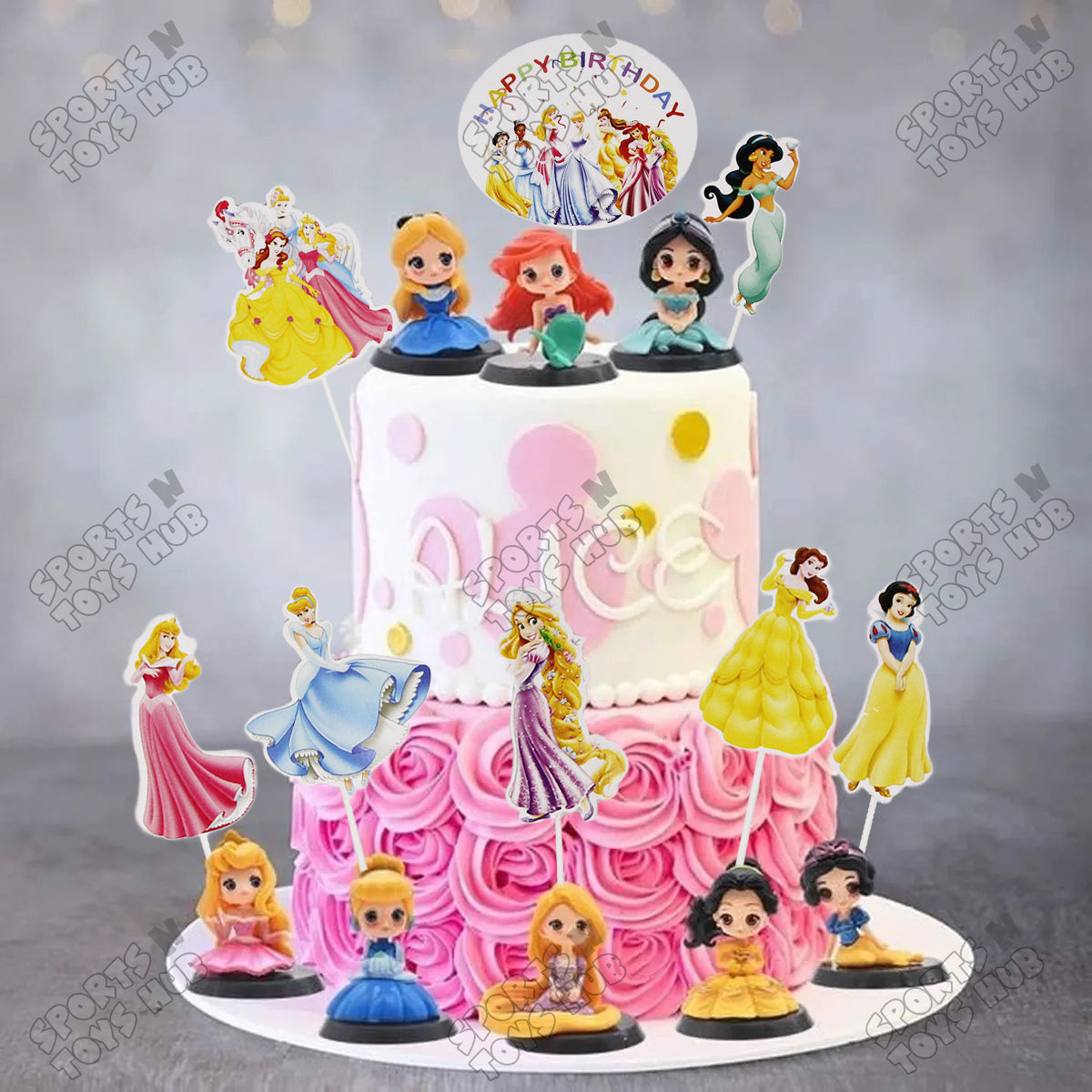 Cartoon Characters HBD Princess Cake Topper - 8 Pcs