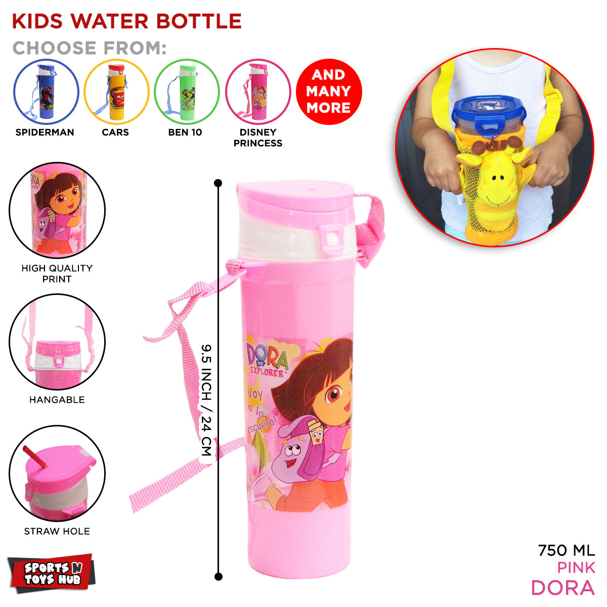 Kids Cartoon Caracter Print Water Bottles with Straps