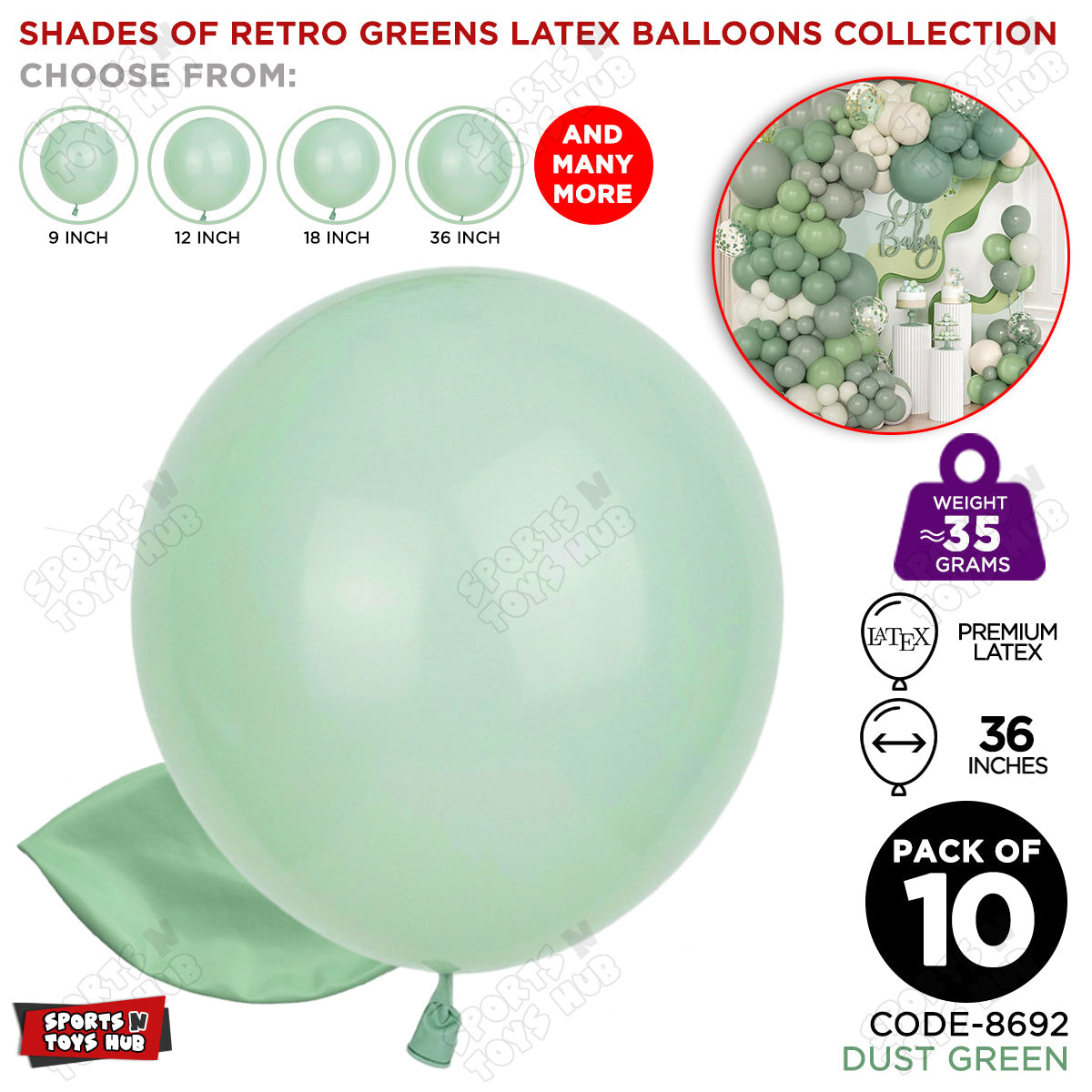 Dust Green Latex Macaron Balloons Available In 9, 12, 18 & 36 Inch Sizes