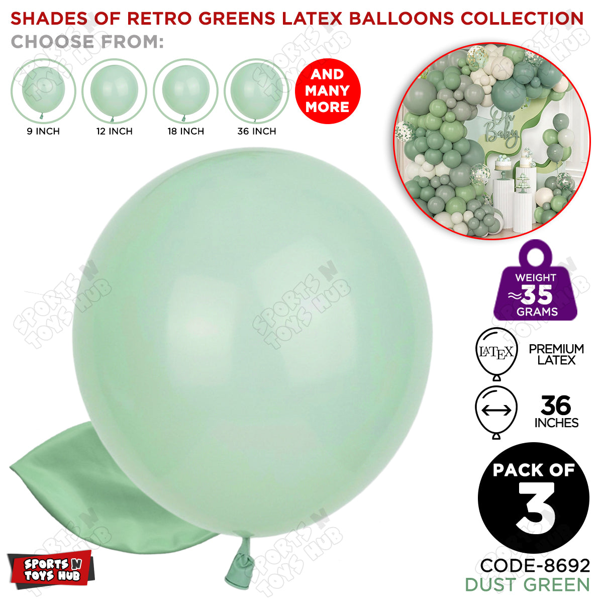Dust Green Latex Macaron Balloons Available In 9, 12, 18 & 36 Inch Sizes