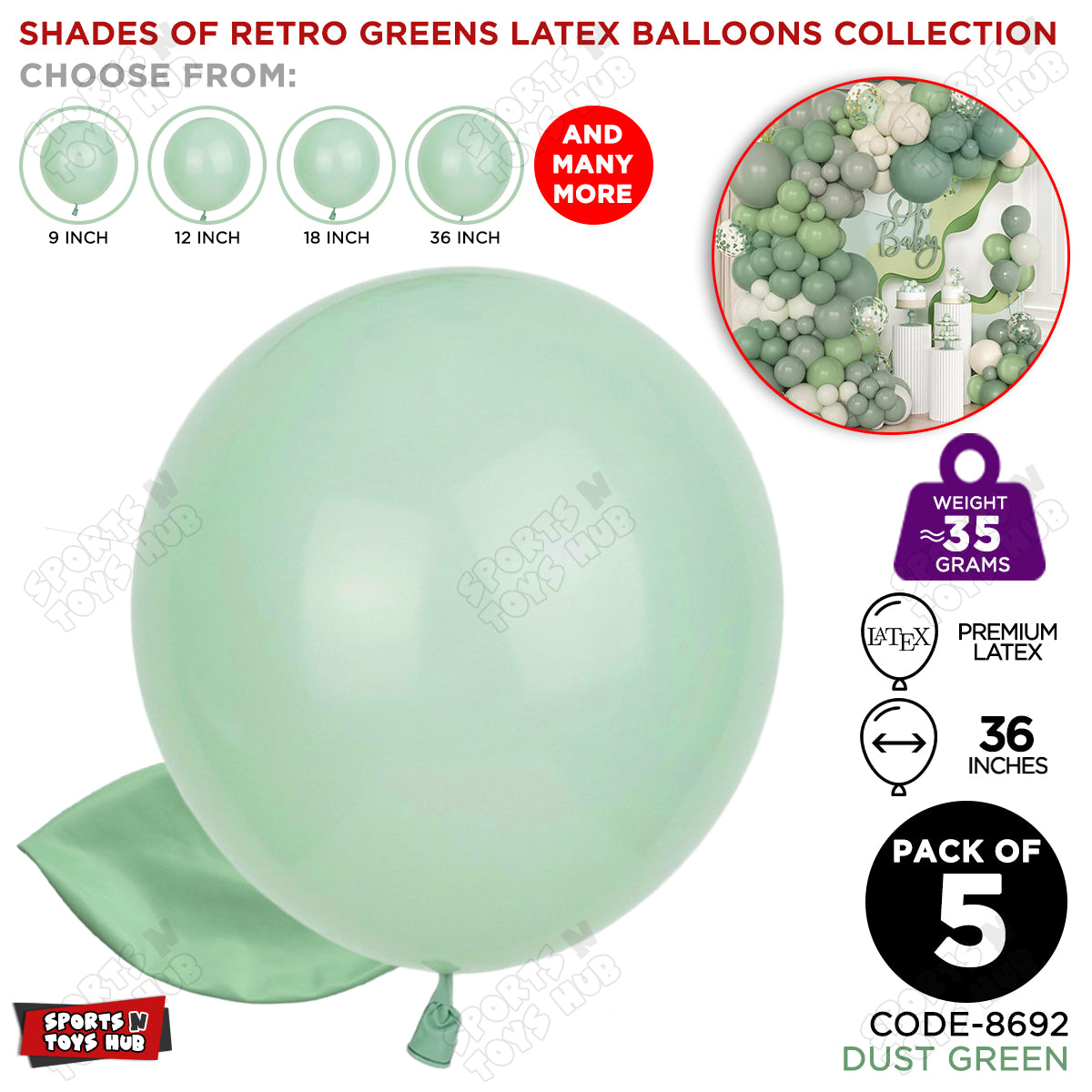 Dust Green Latex Macaron Balloons Available In 9, 12, 18 & 36 Inch Sizes