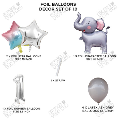 Jungle Safari Elephant Pack Of 10 Foil Balloon Set