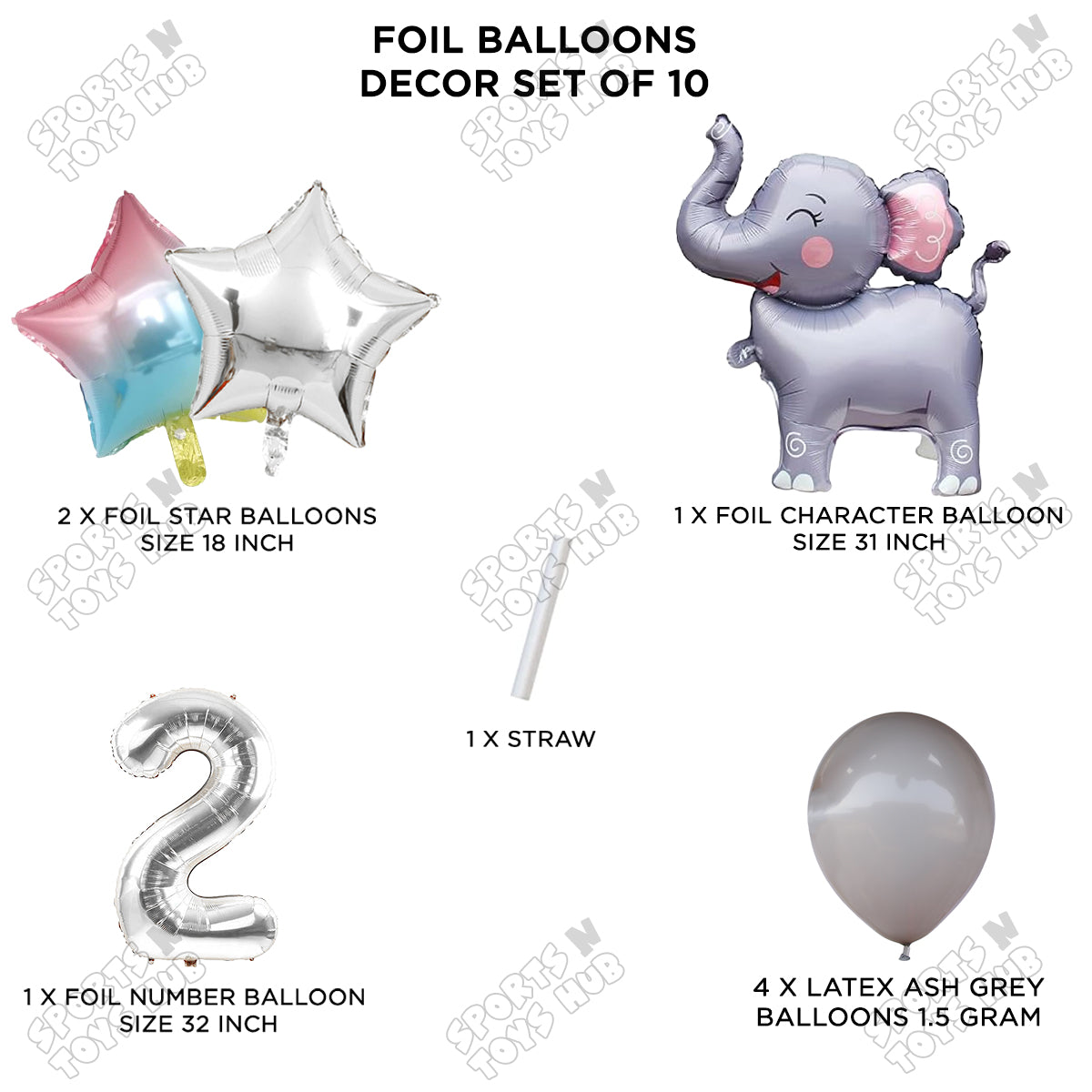 Jungle Safari Elephant Pack Of 10 Foil Balloon Set