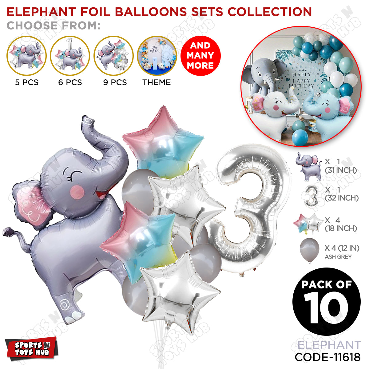 Jungle Safari Elephant Pack Of 10 Foil Balloon Set