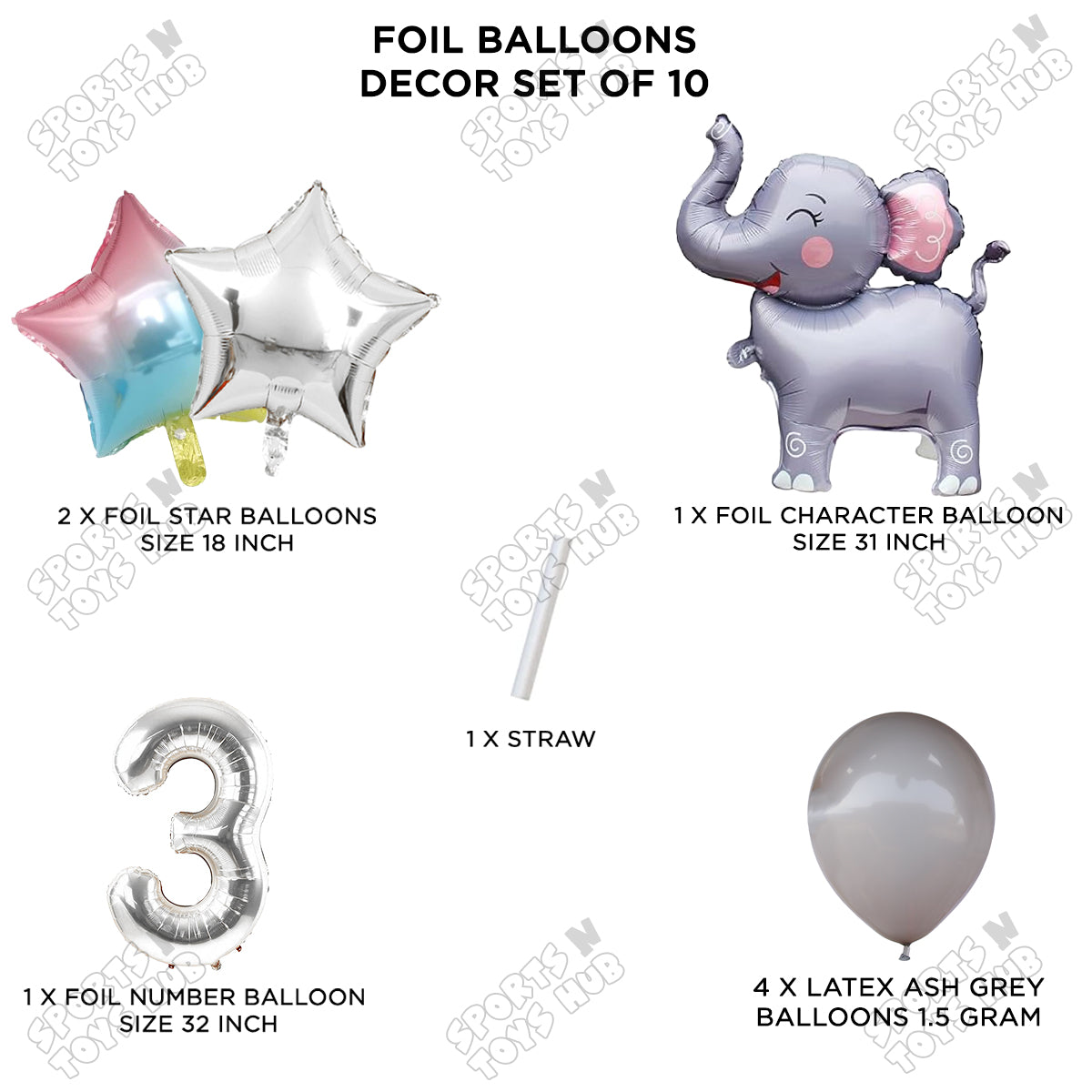 Jungle Safari Elephant Pack Of 10 Foil Balloon Set