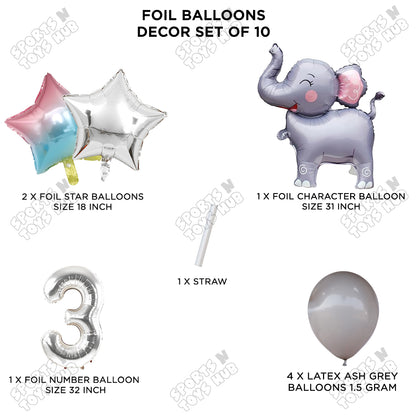 Jungle Safari Elephant Pack Of 10 Foil Balloon Set