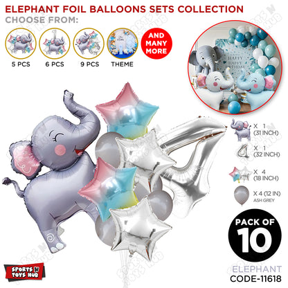 Jungle Safari Elephant Pack Of 10 Foil Balloon Set