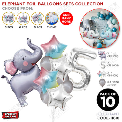 Jungle Safari Elephant Pack Of 10 Foil Balloon Set