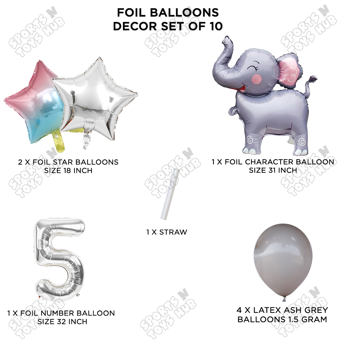 Jungle Safari Elephant Pack Of 10 Foil Balloon Set